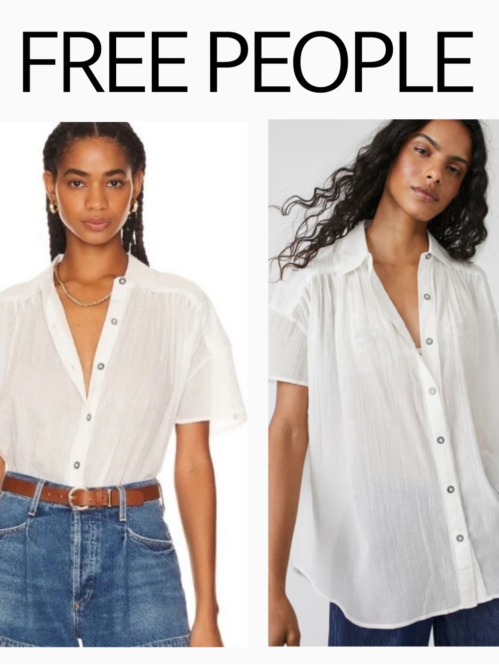 Free People White Button-Front Short Sleeve Shirt